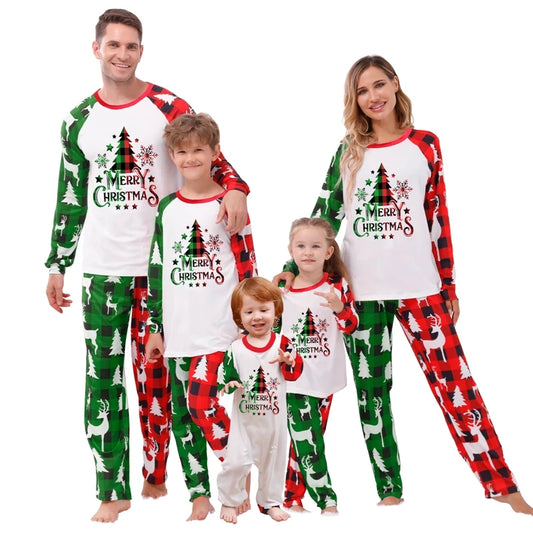 Combhasaki Family Loungewear Pjs Matching Set Christmas Tree Letter Print Long Sleeve Tops+Elastic Waist Plaid Pants Sleepwear