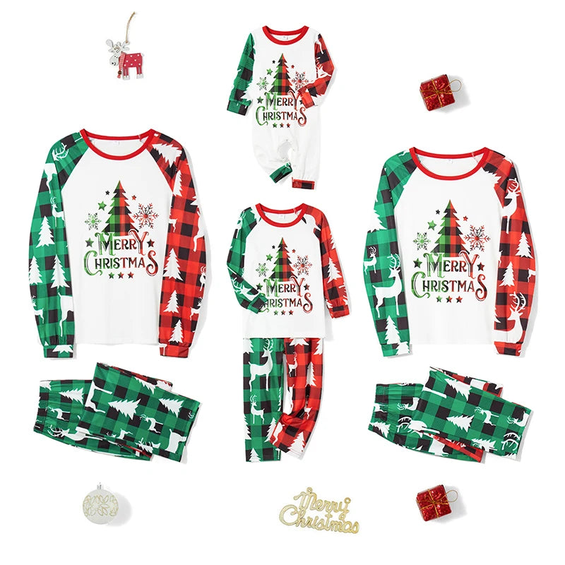 Combhasaki Family Loungewear Pjs Matching Set Christmas Tree Letter Print Long Sleeve Tops+Elastic Waist Plaid Pants Sleepwear