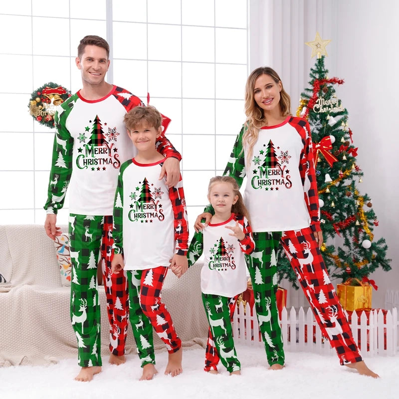 Combhasaki Family Loungewear Pjs Matching Set Christmas Tree Letter Print Long Sleeve Tops+Elastic Waist Plaid Pants Sleepwear