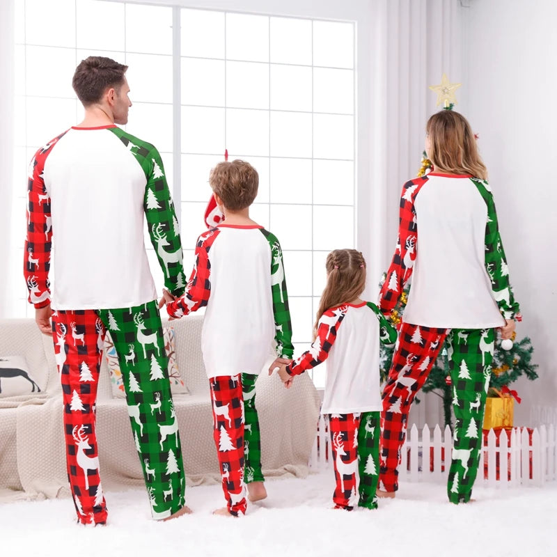 Combhasaki Family Loungewear Pjs Matching Set Christmas Tree Letter Print Long Sleeve Tops+Elastic Waist Plaid Pants Sleepwear