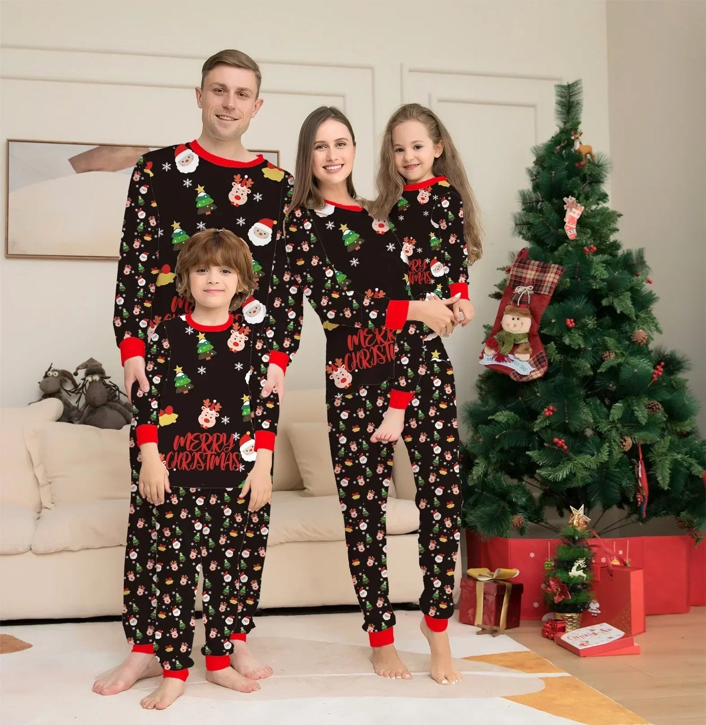 Christmas Family Matching Outfits Cartoon Print Mom Dad Kids Pajamas Set Baby&Dog Romper Pjs Boys Girls Homewear Xmas Look