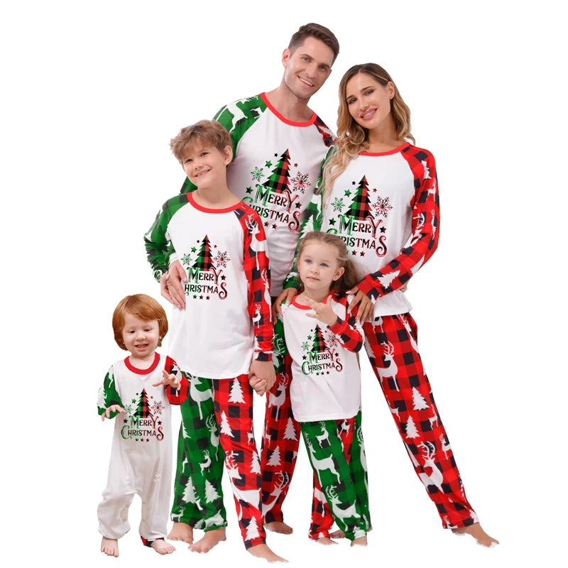 Combhasaki Family Loungewear Pjs Matching Set Christmas Tree Letter Print Long Sleeve Tops+Elastic Waist Plaid Pants Sleepwear