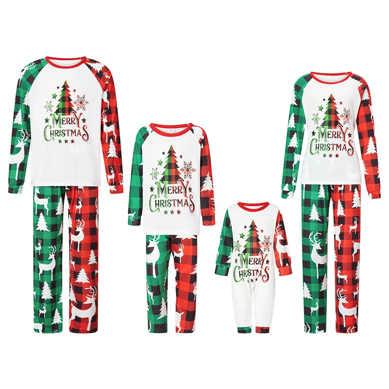 Combhasaki Family Loungewear Pjs Matching Set Christmas Tree Letter Print Long Sleeve Tops+Elastic Waist Plaid Pants Sleepwear